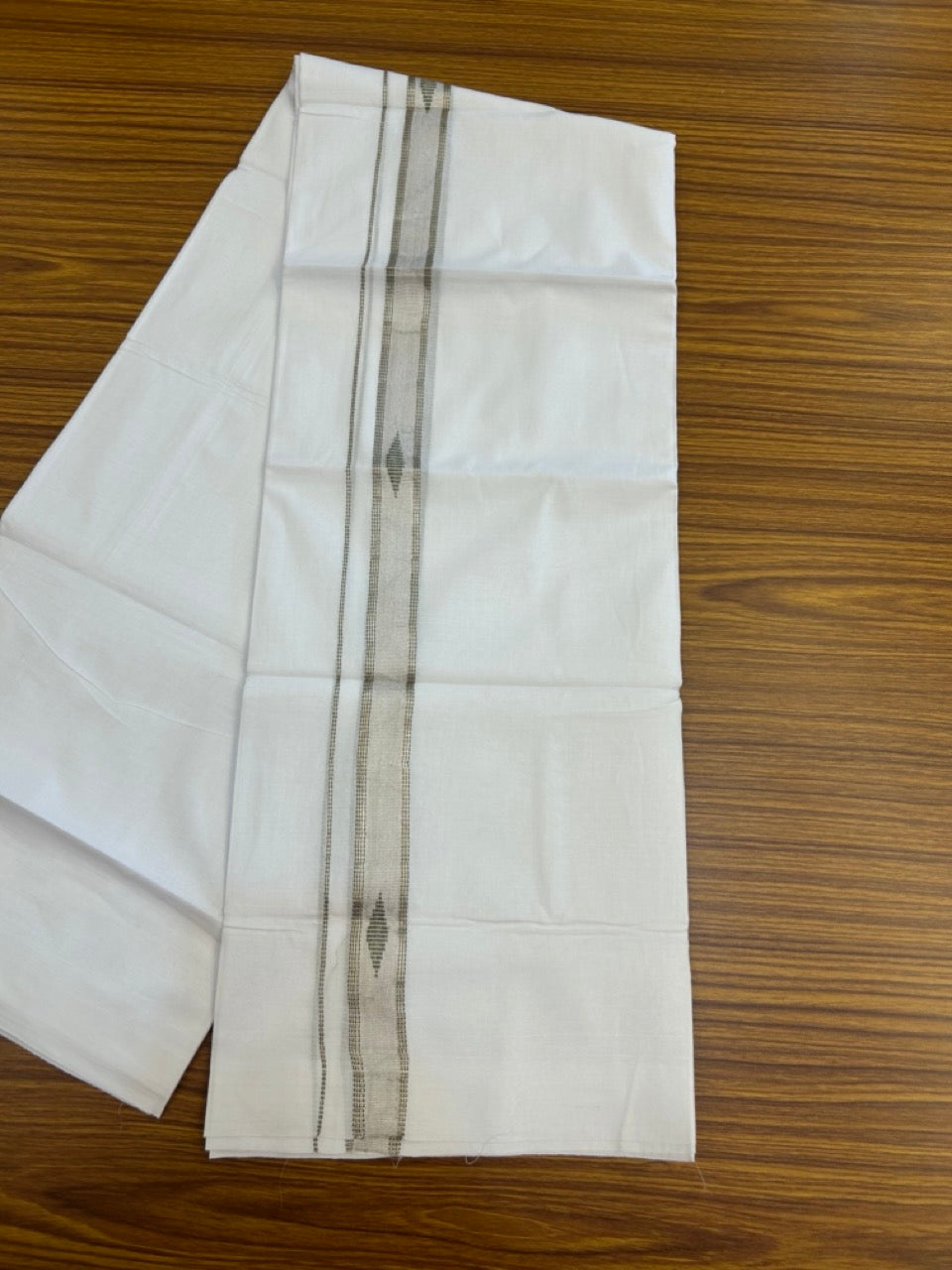 20% Discount ! Kaitharikada Balaramapuram 100% Cotton Pure White Double Mundu/Dothi - 100x80 - 1 inch Olive Green & Silver Kasav Design Kara 3.90 mtr (8 muzham) - 35 KK5285 VAS