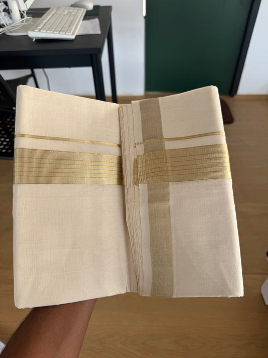 Off White (Unbleached) Double Mundu/Dhoti - 25% Discount!! KaithariKada Handloom Unakkupaav - Kerala Handloom - 100% Pure Cotton - 80x90 - 1.75 inch Antique Light Gold Kasav Stripes Kara 4 Meters (8.5 Muzham) - 19 KK5507 RAM