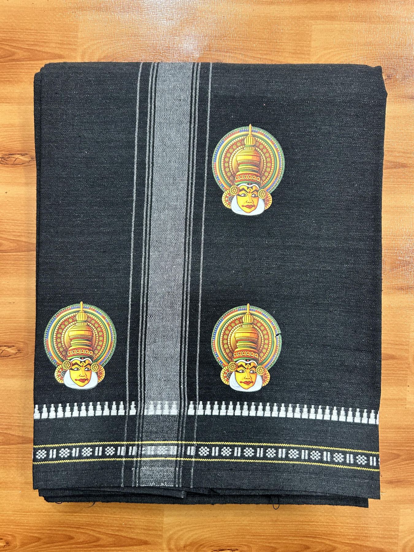 Single Kaily / Lungi - Mixed Cotton - 40s twisted - Kathakali Design Printed Kuppadam 1.75 inch White Stripes Kara with Black Colour Body (2 meter / 4 muzham) - 15 KK5423 GAN