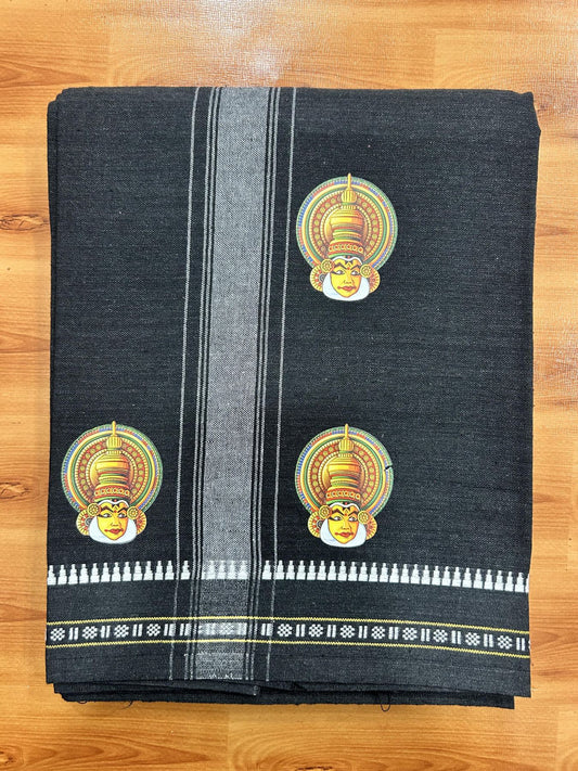 Single Kaily / Lungi - Mixed Cotton - 40s twisted - Kathakali Design Printed Kuppadam 1.75 inch White Stripes Kara with Black Colour Body (2 meter / 4 muzham) - 15 KK5423 GAN