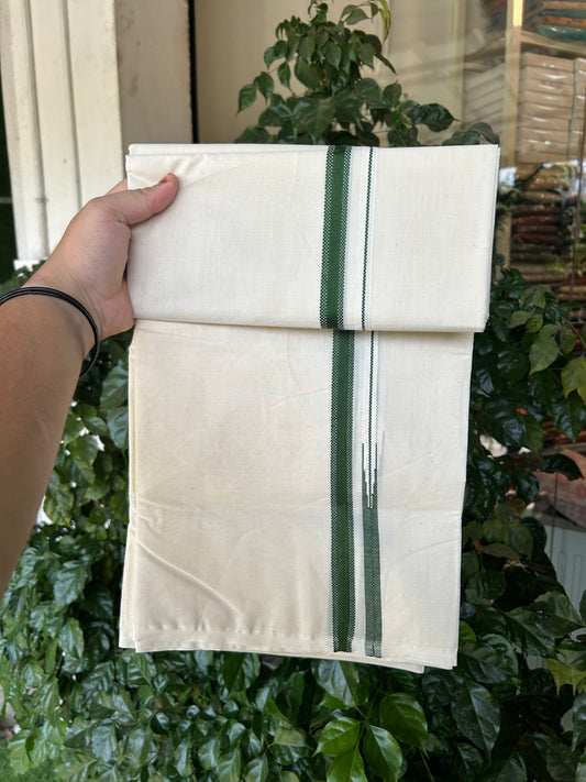 23% Discount! KaithariKada Balaramapuram 100% Cotton Double Off white Mundu/Dhoti- 100x100 - 0.75 inch Puliyilakkara Dark Green Chutty Kara - 4 mtr (8.5 muzham) - 1 KK5373 ASH
