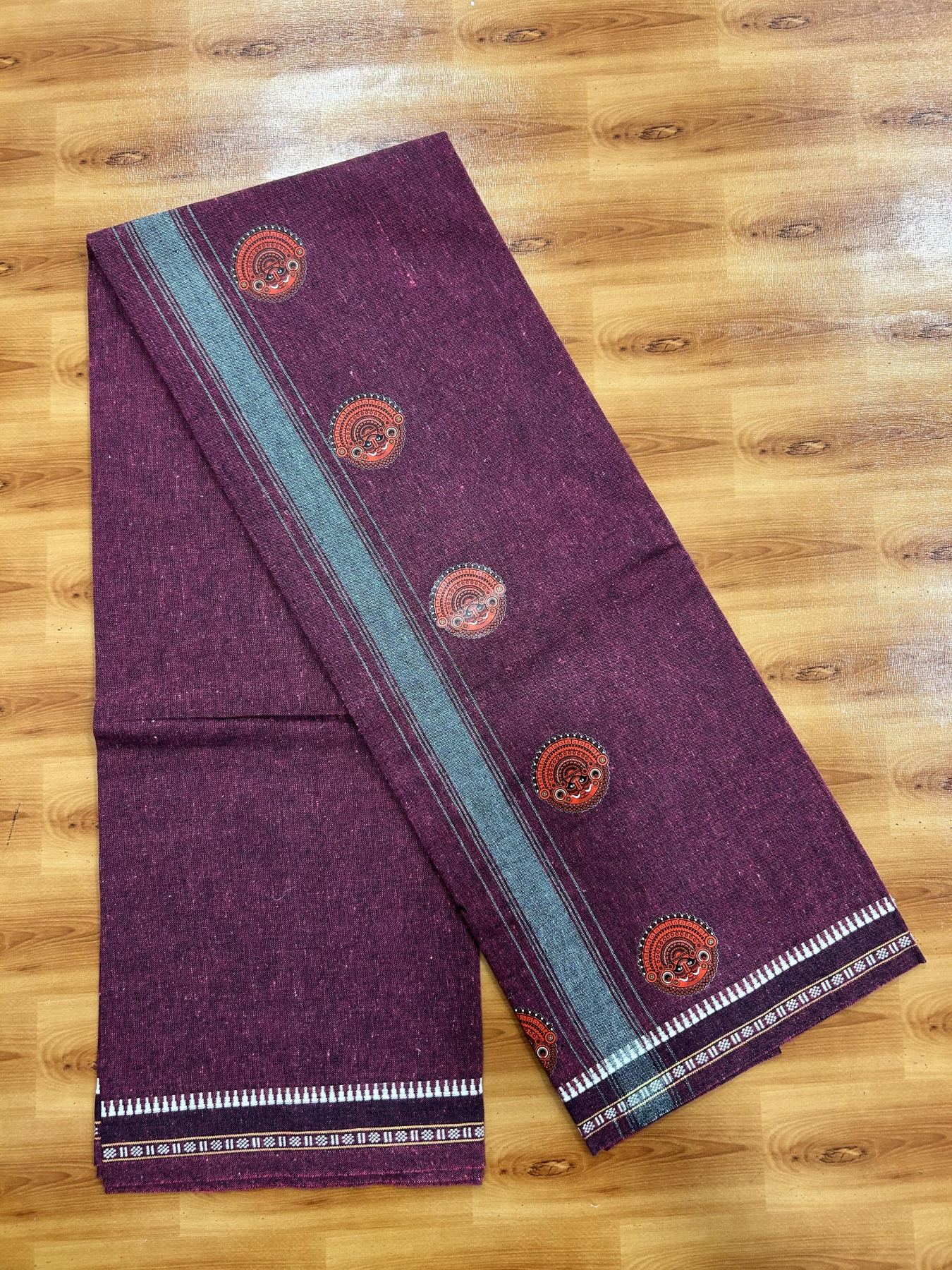 Single Kaily / Lungi - Mixed Cotton - 40s twisted - Theyyam Design Printed Kuppadam 2 inch Ash Grey Stripes Kara with Purple Wine Colour Body (2 meter / 4 muzham) - 13 KK5423 GAN