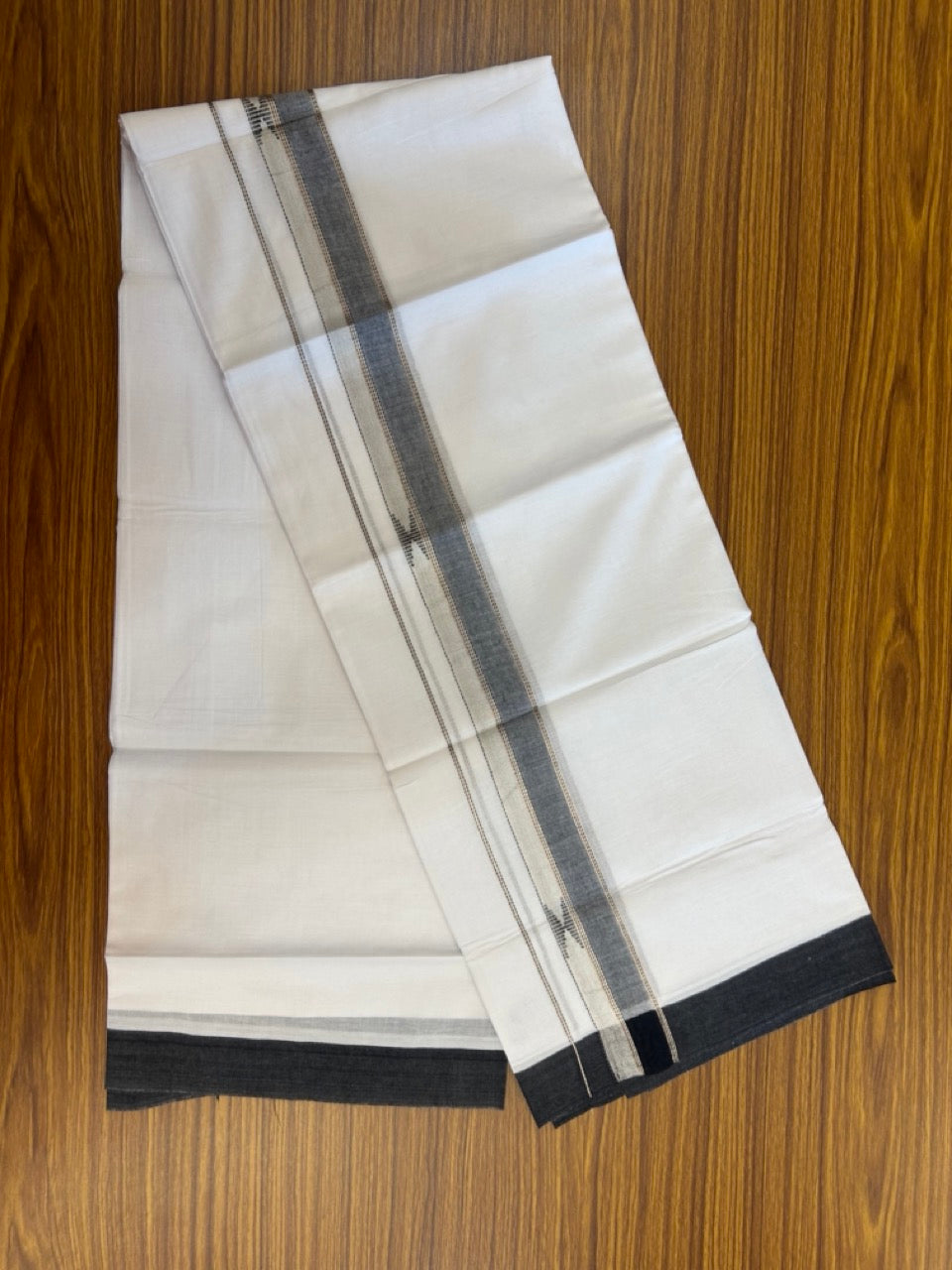 20% Discount ! Kaitharikada Balaramapuram 100% Cotton Pure White Double Mundu/Dothi - 100x80 - 1.5 inch Black & Silver Kasav Design Kara 3.90 mtr (8 muzham) - 36 KK5285 VAS
