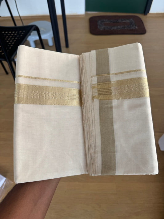 Off White (Unbleached) Double Mundu/Dhoti - 25% Discount!! KaithariKada Handloom Unakkupaav - Kerala Handloom - 100% Pure Cotton - 80x90 - 1.5 inch Antique Light Gold Kasav Stripes Kara 4 Meters (8.5 Muzham) - 18 KK5507 RAM