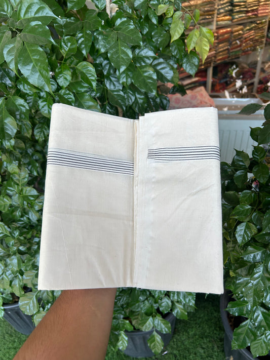 20% Discount ! KaithariKada Balaramapuram 100% Cotton  Off White (Unbleached) Double Mundu/Dhoti- 100x100 - 0.75 Inch 6 line Black Striped Kara - 1 KK5373 ASH