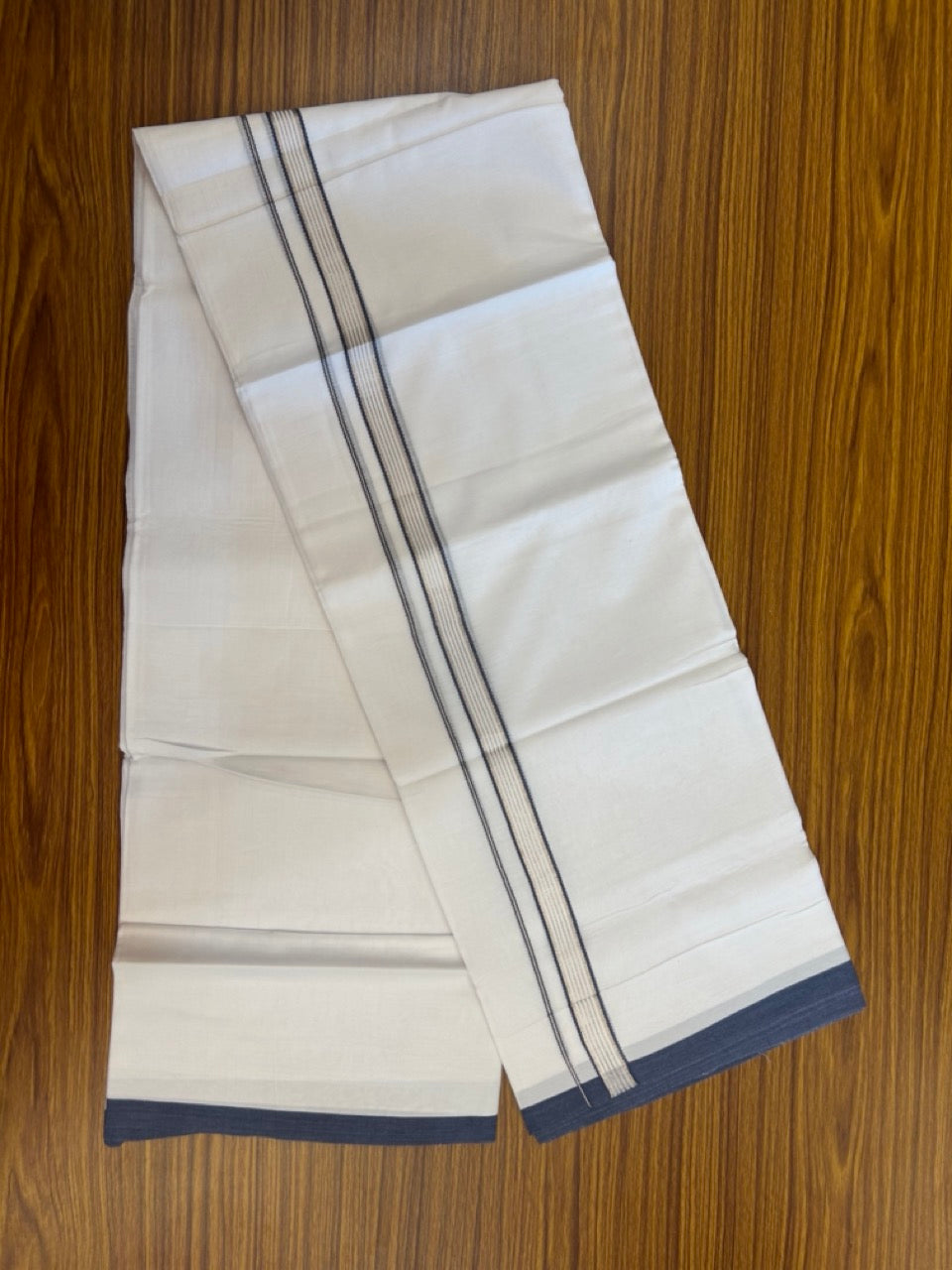 20% Discount ! Kaitharikada Balaramapuram 100% Cotton Pure White Double Mundu/Dothi - 100x80 - 0.75 inch Dark Grey Blue & Silver Kasav Striped Kara 3.90 mtr (8 muzham) - 20 KK5285 VAS
