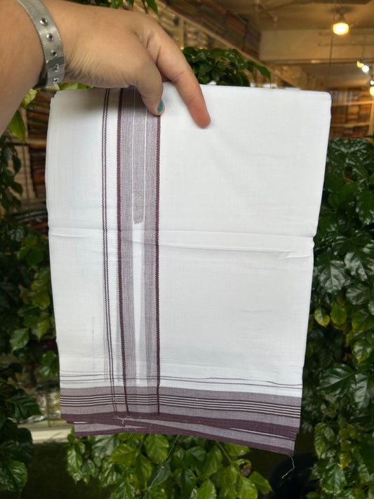 20% Discount ! Kaitharikada Balaramapuram 100% Cotton Pure White Double Mundu/Dothi - 100x80 - 1.5 inch Wine Purple Stripes Chutty Kara 4 mtr (8.5 muzham) - 12 KK5255 VAS