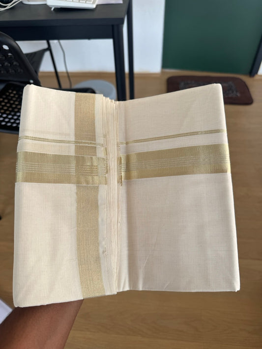 Off White (Unbleached) Double Mundu/Dhoti - 25% Discount!! KaithariKada Handloom Millpaav - Kerala Handloom - 100% Pure Cotton - 80x90 - 1.5 inch Antique Light Gold Kasav Stripes Kara 4 Meters (8.5 Muzham) - 17 KK5507 RAM