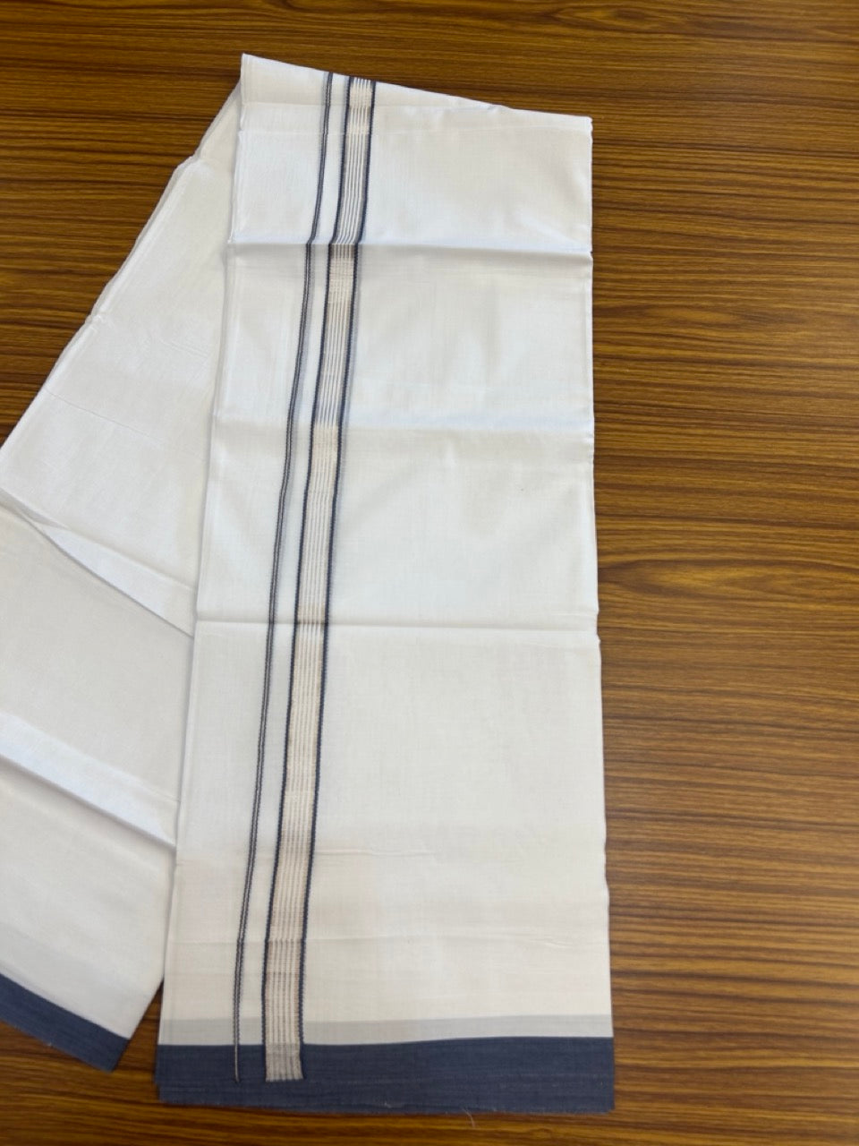 20% Discount ! Kaitharikada Balaramapuram 100% Cotton Pure White Double Mundu/Dothi - 100x80 - 0.75 inch Dark Grey Blue & Silver Kasav Striped Kara 3.90 mtr (8 muzham) - 20 KK5285 VAS