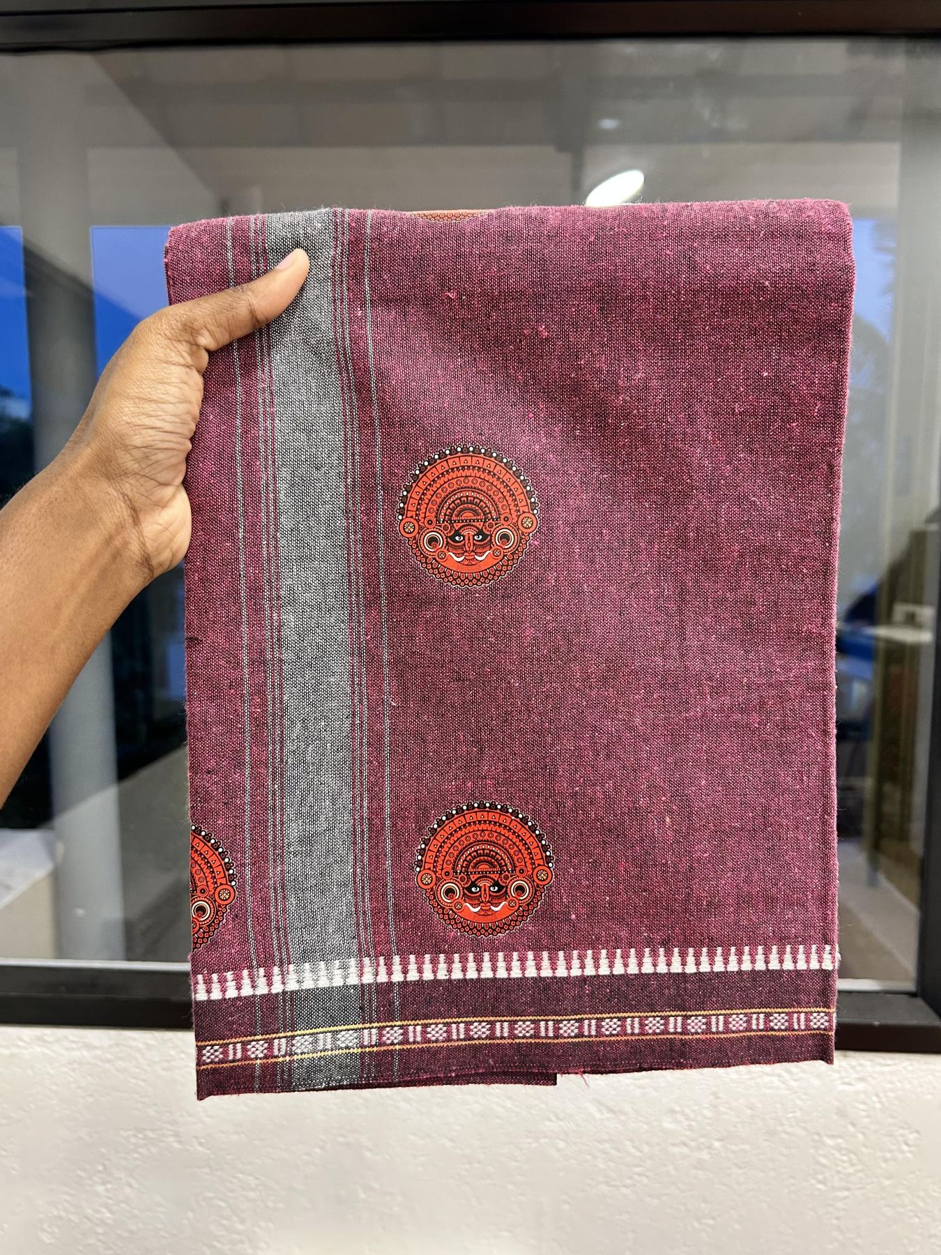 Single Kaily / Lungi - Mixed Cotton - 40s twisted - Theyyam Design Printed Kuppadam 2 inch Ash Grey Stripes Kara with Purple Wine Colour Body (2 meter / 4 muzham) - 13 KK5423 GAN