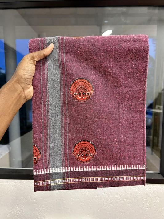 Single Kaily / Lungi - Mixed Cotton - 40s twisted - Theyyam Design Printed Kuppadam 2 inch Ash Grey Stripes Kara with Purple Wine Colour Body (2 meter / 4 muzham) - 13 KK5423 GAN