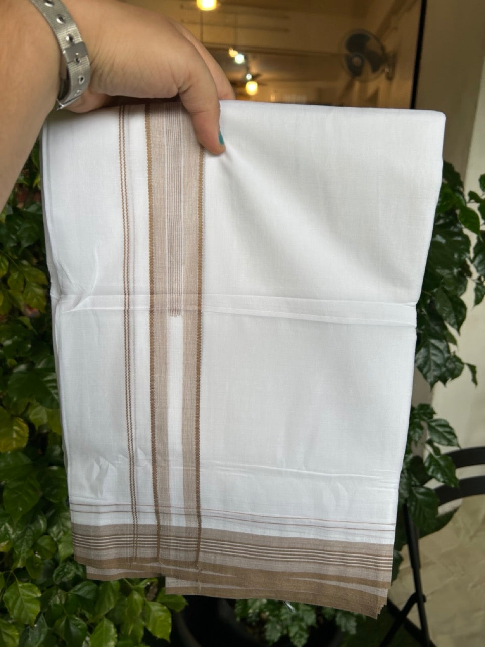 20% Discount ! Kaitharikada Balaramapuram 100% Cotton Pure White Double Mundu/Dothi - 100x80 - 1.5 inch Light Brown Stripes Chutty Kara 4 mtr (8.5 muzham) - 8 KK5255 VAS