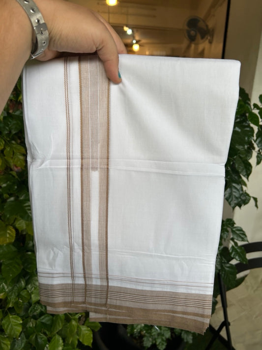 20% Discount ! Kaitharikada Balaramapuram 100% Cotton Pure White Double Mundu/Dothi - 100x80 - 1.5 inch Light Brown Stripes Chutty Kara 4 mtr (8.5 muzham) - 8 KK5255 VAS