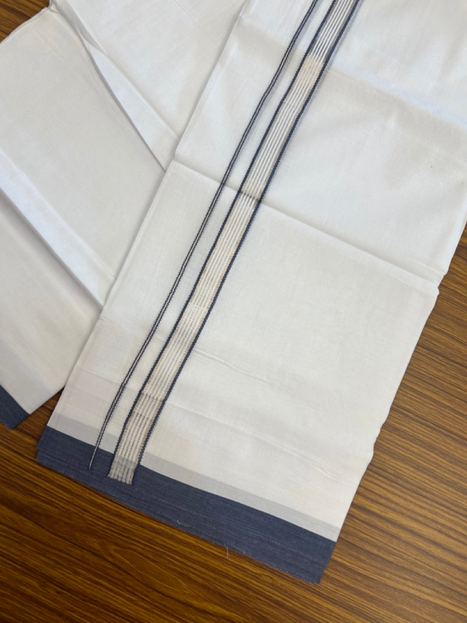 20% Discount ! Kaitharikada Balaramapuram 100% Cotton Pure White Double Mundu/Dothi - 100x80 - 0.75 inch Dark Grey Blue & Silver Kasav Striped Kara 3.90 mtr (8 muzham) - 20 KK5285 VAS