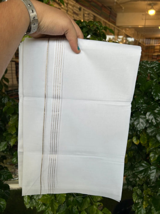 20% Discount ! Kaitharikada Balaramapuram 100% Cotton Pure White Double Mundu/Dothi - 100x80 - 0.75 inch Silver Kasav Stripes Kara 4 mtr (8.5 muzham) - 15 KK5255 VAS