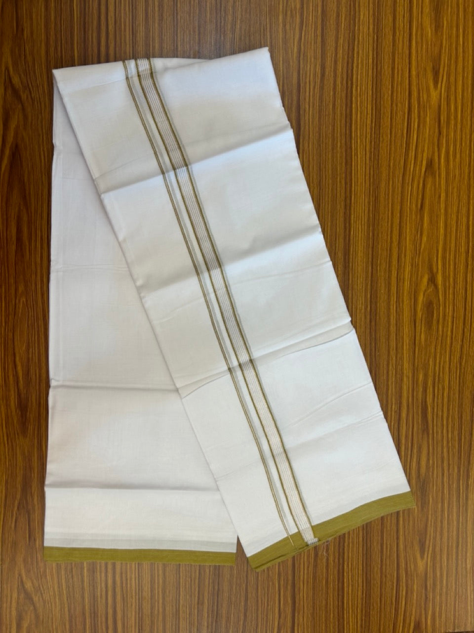 20% Discount ! Kaitharikada Balaramapuram 100% Cotton Pure White Double Mundu/Dothi - 100x80 - 0.75 inch Mustard Yellow & Silver Kasav Striped Kara 3.90 mtr (8 muzham) - 21 KK5285 VAS