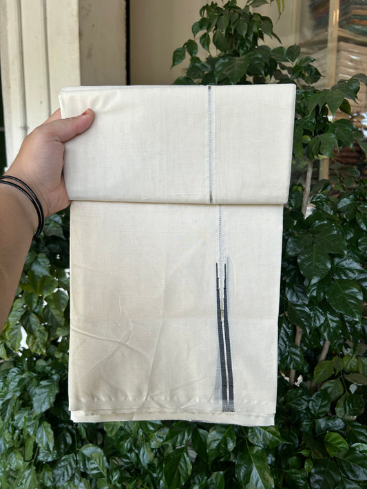 20% Discount! KaithariKada Balaramapuram 100% Cotton Double Off white Mundu/Dhoti- 100x100 - 1 cm Puliyilakkara Silver Kasav & Black Chutty Kara - 4 mtr (8.5 muzham) - 7 KK5373 ASH