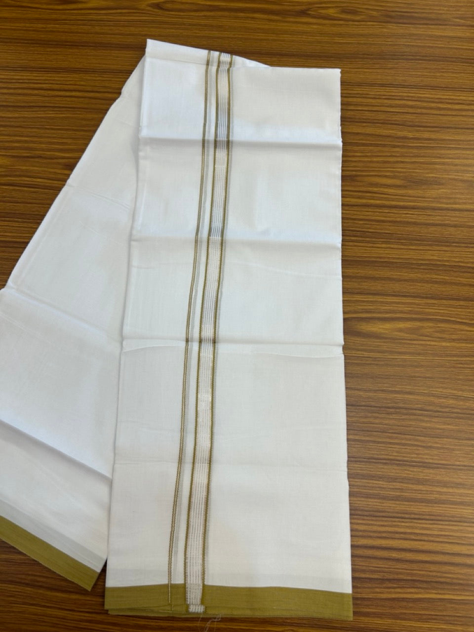 20% Discount ! Kaitharikada Balaramapuram 100% Cotton Pure White Double Mundu/Dothi - 100x80 - 0.75 inch Mustard Yellow & Silver Kasav Striped Kara 3.90 mtr (8 muzham) - 21 KK5285 VAS