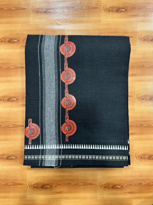 Single Kaily / Lungi - Mixed Cotton - 40s twisted - Theyyam Design Printed Kuppadam 2 inch White Stripes Kara with Black Colour Body (2 meter / 4 muzham) - 1 KK5423 GAN