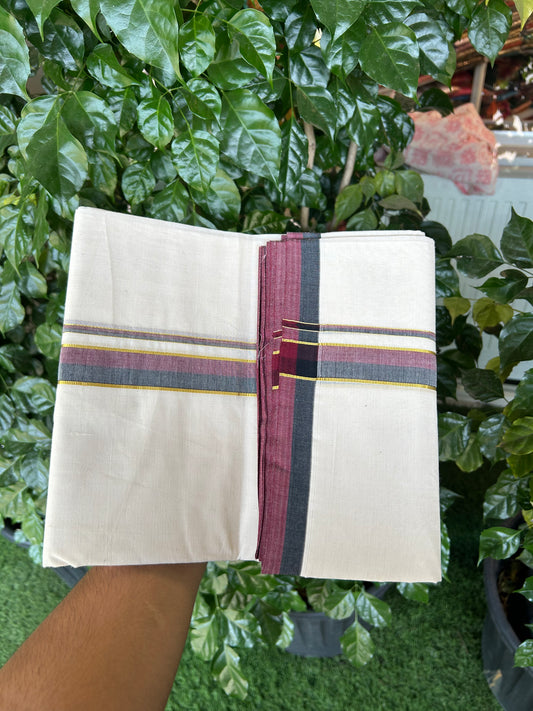Dmk Veshti - 20% Discount! KaithariKada 100% Cotton Off White Double - (Unbleached) Mundu/Dhoti - 100X100 - 1 inch Gold Kasav Black & Maroon kara  - 5 KK5373 ASH