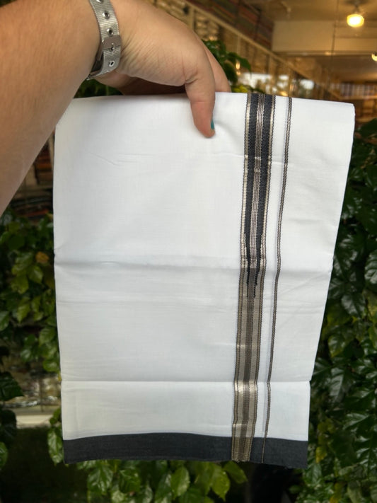 20% Discount ! Kaitharikada Balaramapuram 100% Cotton Pure White Double Mundu/Dothi - 100x80 - 0.75 inch Silver Kasav & Black Stripes One Side Chutty Kara 4 mtr (8.5 muzham) - 17 KK5255 VAS