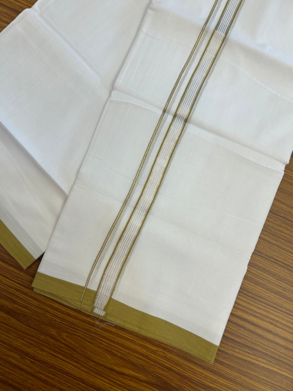 20% Discount ! Kaitharikada Balaramapuram 100% Cotton Pure White Double Mundu/Dothi - 100x80 - 0.75 inch Mustard Yellow & Silver Kasav Striped Kara 3.90 mtr (8 muzham) - 21 KK5285 VAS