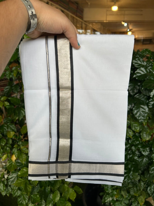 20% Discount ! Kaitharikada Balaramapuram 100% Cotton Pure White Double Mundu/Dothi - 100x80 - 1.5 inch Silver Kasav & Black Kara 4 mtr (8.5 muzham) - 16 KK5255 VAS