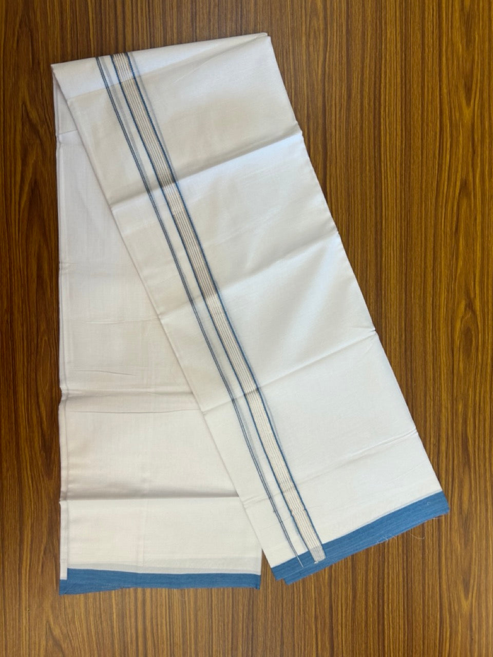 20% Discount ! Kaitharikada Balaramapuram 100% Cotton Pure White Double Mundu/Dothi - 100x80 - 0.75 inch Blue & Silver Kasav Striped Kara 3.90 mtr (8 muzham) - 22 KK5285 VAS