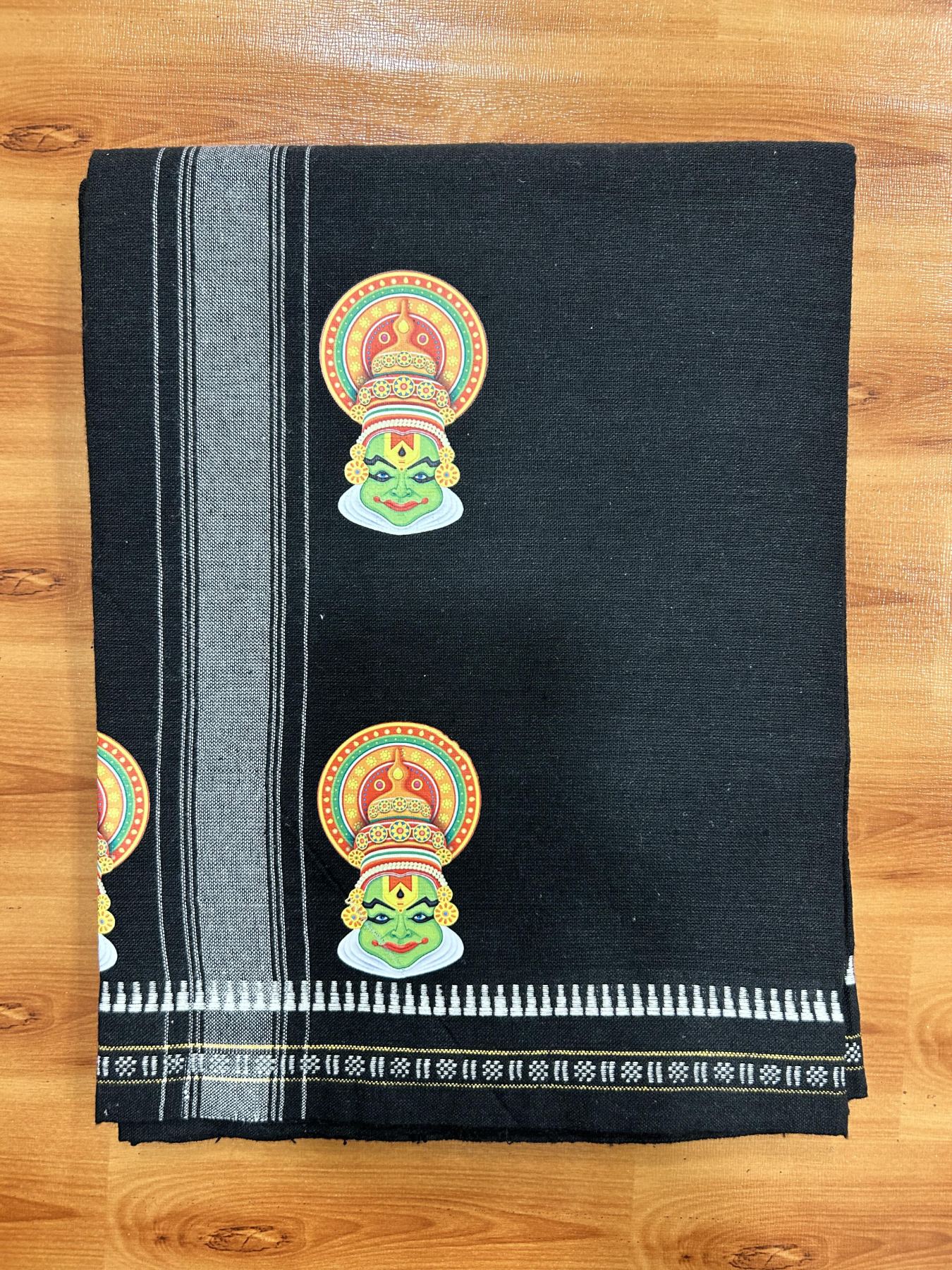 Single Kaily / Lungi - Mixed Cotton - 40s twisted - Kathakali Design Printed Kuppadam 1.75 inch White Stripes Kara with Black Colour Body (2 meter / 4 muzham) - 17 KK5423 GAN