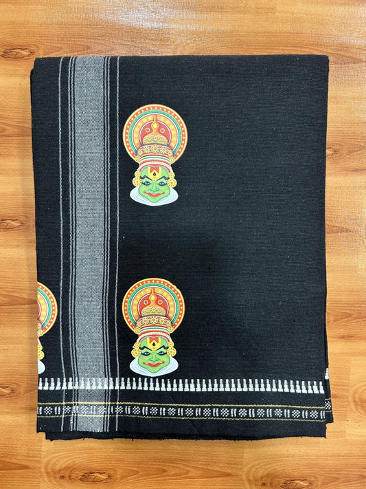 Single Kaily / Lungi - Mixed Cotton - 40s twisted - Kathakali Design Printed Kuppadam 1.75 inch White Stripes Kara with Black Colour Body (2 meter / 4 muzham) - 17 KK5423 GAN