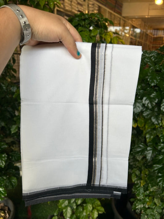 20% Discount ! Kaitharikada Balaramapuram 100% Cotton Pure White Double Mundu/Dothi - 100x80 - 0.75 inch Silver Kasav Black Design Kara 4 mtr (8.5 muzham) - 7 KK5255 VAS