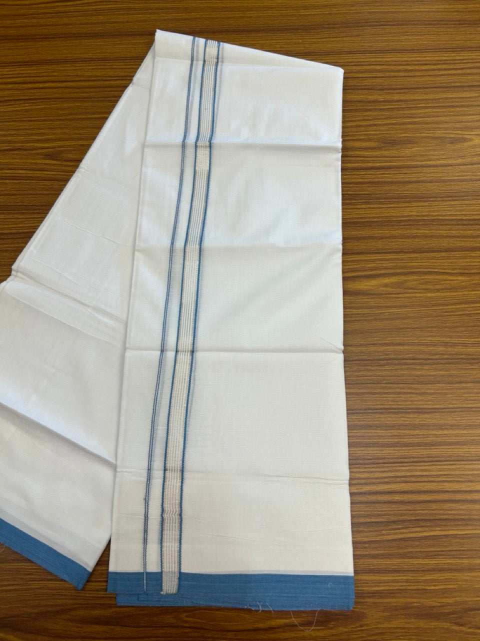 20% Discount ! Kaitharikada Balaramapuram 100% Cotton Pure White Double Mundu/Dothi - 100x80 - 0.75 inch Blue & Silver Kasav Striped Kara 3.90 mtr (8 muzham) - 22 KK5285 VAS
