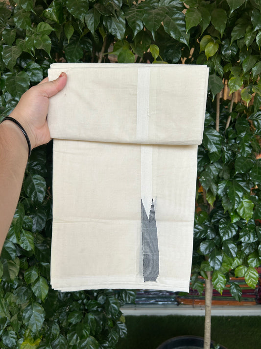 20% Discount!! KaithariKada Balaramapuram 100% Cotton Off White Double - (Unbleached) Mundu/Dhoti- 100x100 - 0.75 Inch Puliyilakkara Black Striped Chutty Kara - 4 mtr (8.5 muzham) - 4 KK5373 ASH