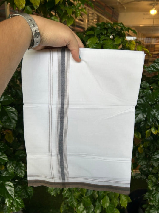 20% Discount ! Kaitharikada Balaramapuram 100% Cotton Pure White Double Mundu/Dothi - 100x80 - 0.75 inch Brown & Black Stripes Kara 4 mtr (8.5 muzham) - 1 KK5255 VAS