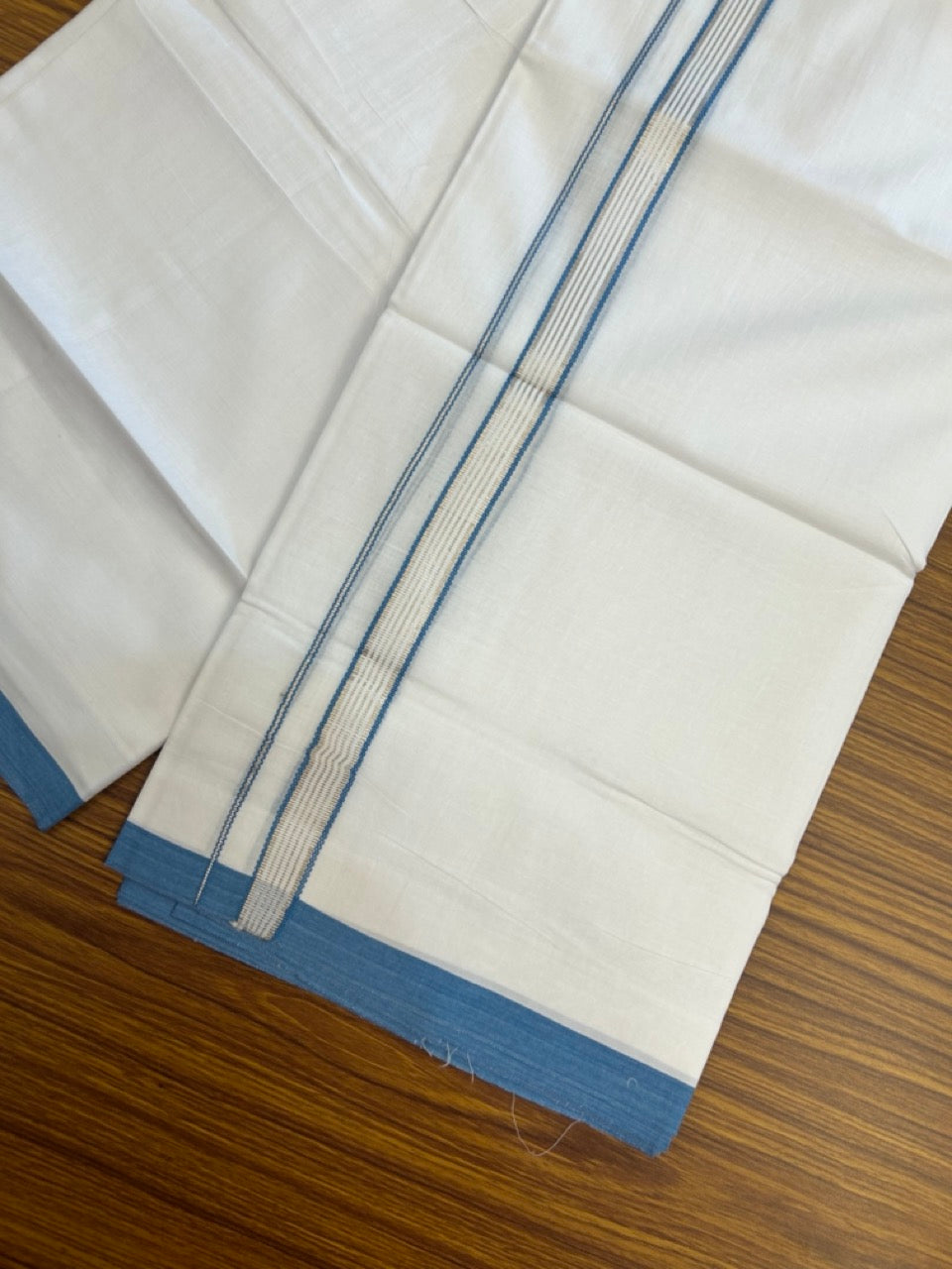 20% Discount ! Kaitharikada Balaramapuram 100% Cotton Pure White Double Mundu/Dothi - 100x80 - 0.75 inch Blue & Silver Kasav Striped Kara 3.90 mtr (8 muzham) - 22 KK5285 VAS