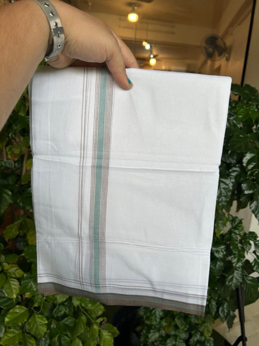 20% Discount ! Kaitharikada Balaramapuram 100% Cotton Pure White Double Mundu/Dothi - 100x80 - 0.75 inch Brown & Blue green Stripes Kara 4 mtr (8.5 muzham) - 6 KK5255 VAS