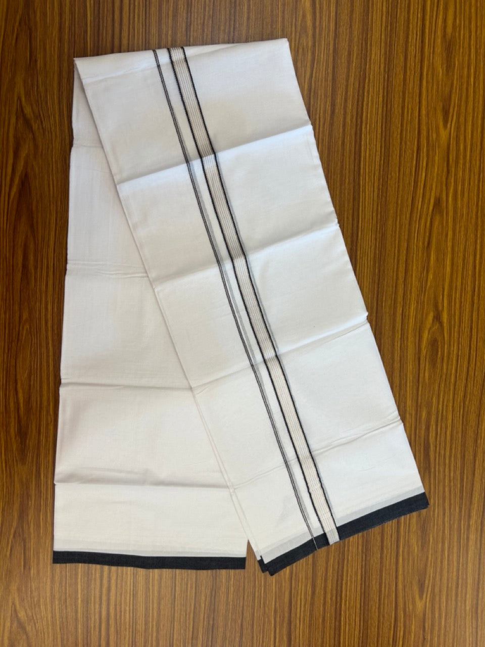 20% Discount ! Kaitharikada Balaramapuram 100% Cotton Pure White Double Mundu/Dothi - 100x80 - 0.75 inch Black & Silver Kasav Striped Kara 3.90 mtr (8 muzham) - 23 KK5285 VAS