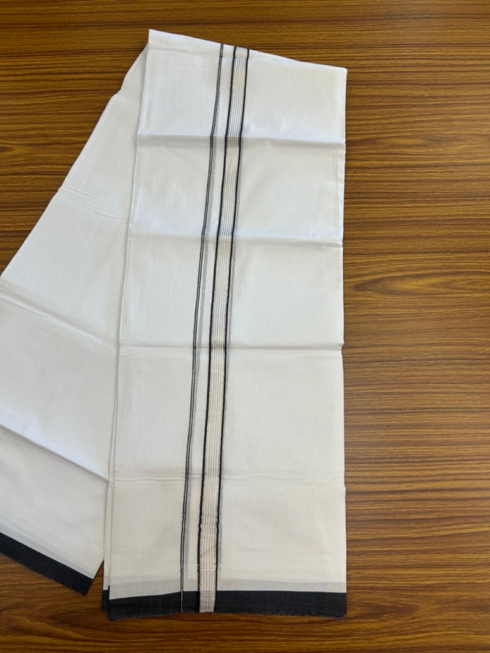 20% Discount ! Kaitharikada Balaramapuram 100% Cotton Pure White Double Mundu/Dothi - 100x80 - 0.75 inch Black & Silver Kasav Striped Kara 3.90 mtr (8 muzham) - 23 KK5285 VAS
