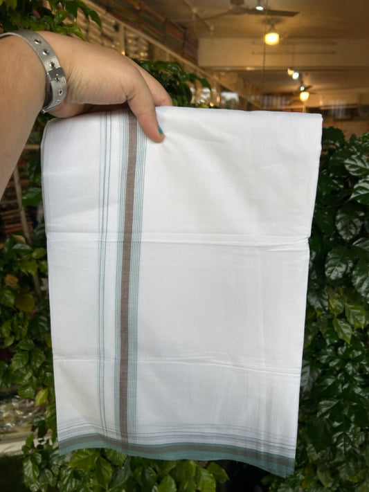 20% Discount ! Kaitharikada Balaramapuram 100% Cotton Pure White Double Mundu/Dothi - 100x80 - 0.75 inch Brown & Teal green Stripes Kara 4 mtr (8.5 muzham) - 4 KK5255 VAS