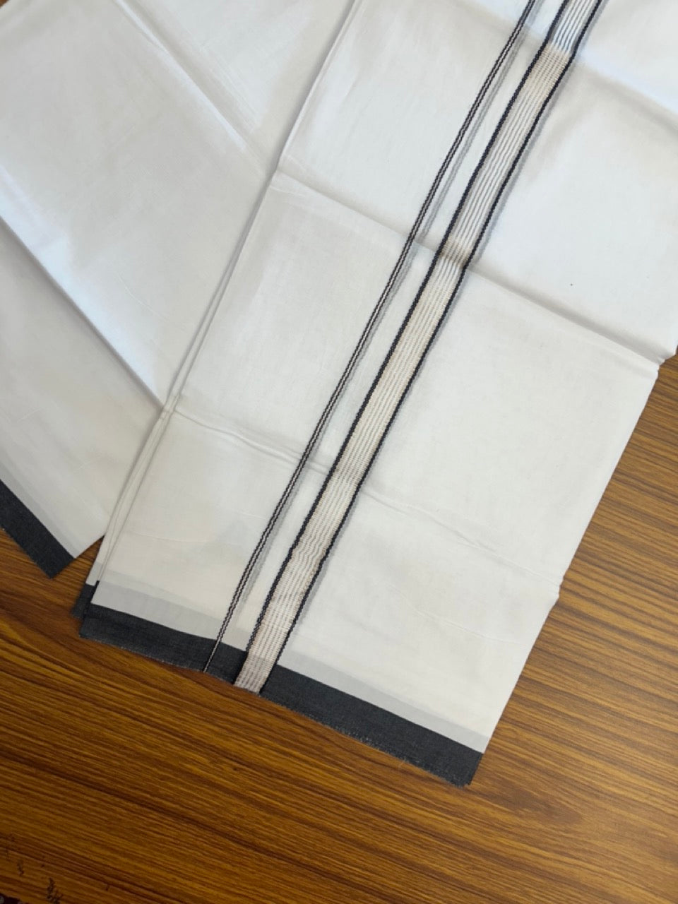 20% Discount ! Kaitharikada Balaramapuram 100% Cotton Pure White Double Mundu/Dothi - 100x80 - 0.75 inch Black & Silver Kasav Striped Kara 3.90 mtr (8 muzham) - 23 KK5285 VAS