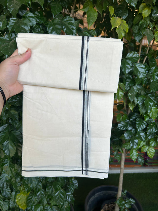 20% Discount! KaithariKada Balaramapuram 100% Cotton Double Off white Mundu/Dhoti- 100x100 - 0.5 cm Puliyilakkara Black Chutty Kara - 4 mtr (8.5 muzham) - 8 KK5373 ASH