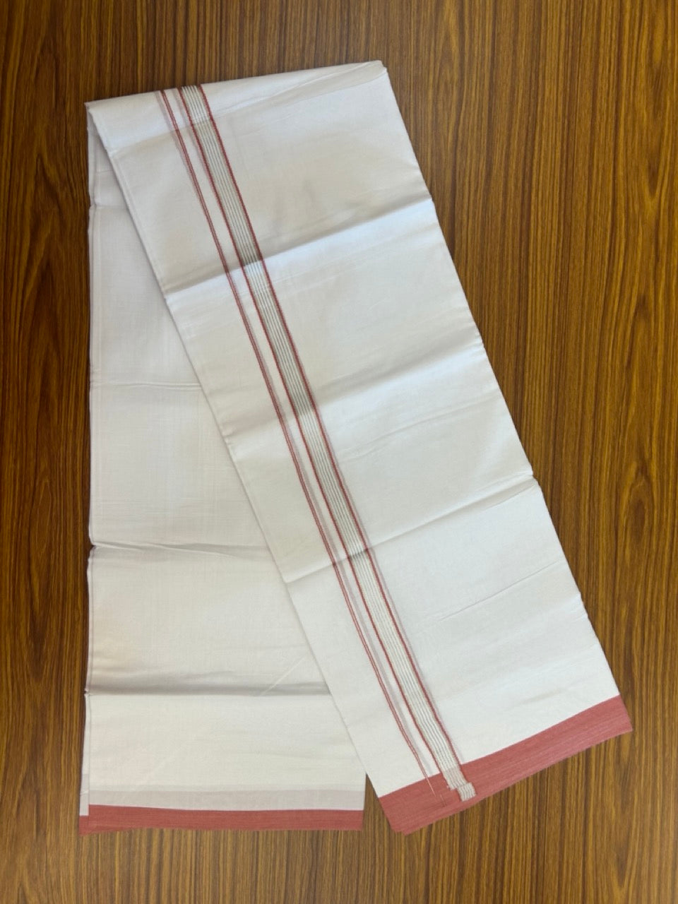 20% Discount ! Kaitharikada Balaramapuram 100% Cotton Pure White Double Mundu/Dothi - 100x80 - 0.75 inch Peach & Silver Kasav Striped Kara 3.90 mtr (8 muzham) - 24 KK5285 VAS