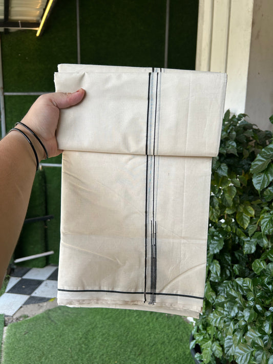 20% Discount! KaithariKada Balaramapuram 100% Cotton Double Off white Mundu/Dhoti- 100x100 - 0.2 cm Puliyilakkara Silver Kasav & Black Chutty Kara - 4 mtr (8.5 muzham) - 9 KK5373 ASH