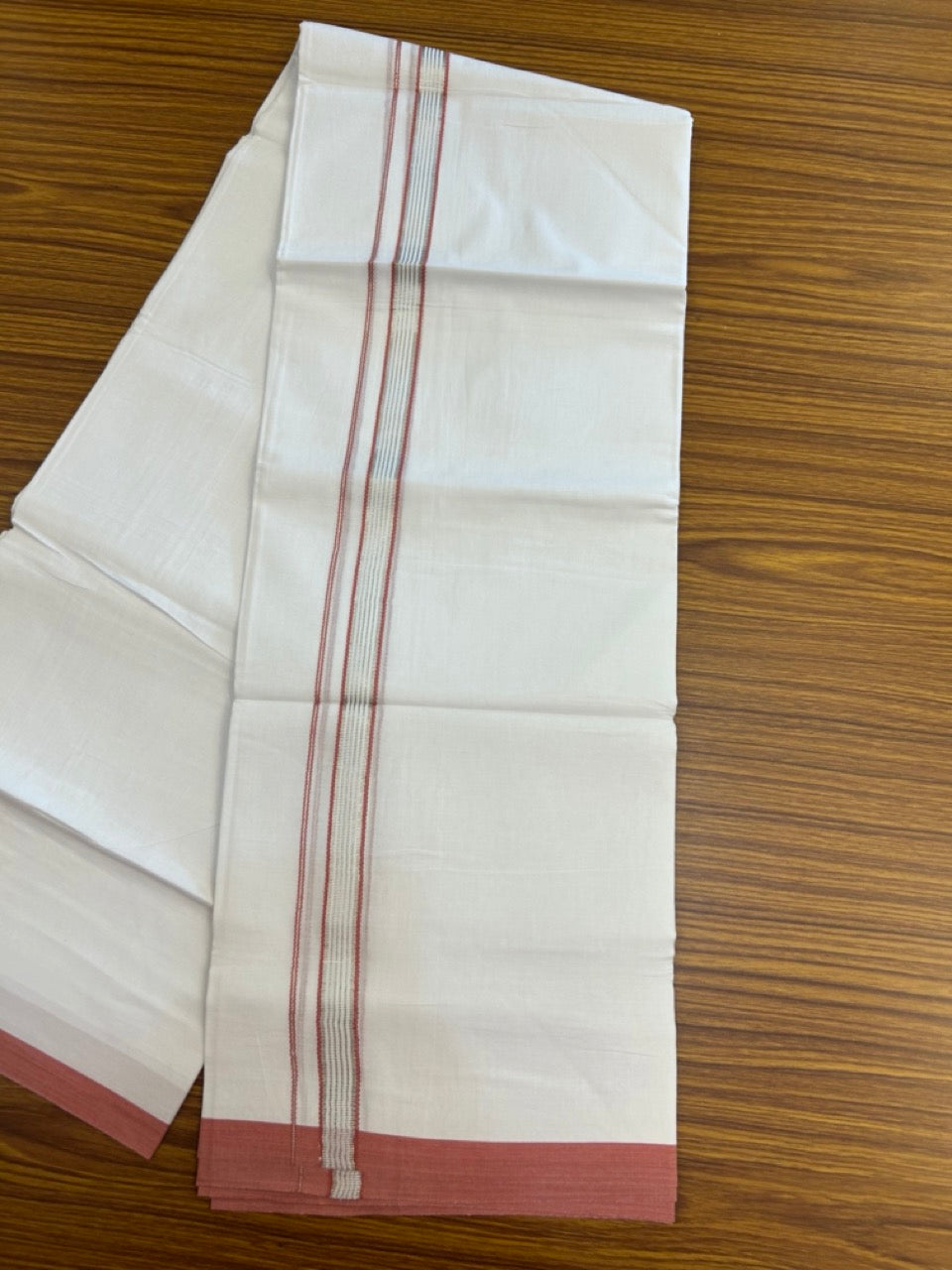 20% Discount ! Kaitharikada Balaramapuram 100% Cotton Pure White Double Mundu/Dothi - 100x80 - 0.75 inch Peach & Silver Kasav Striped Kara 3.90 mtr (8 muzham) - 24 KK5285 VAS