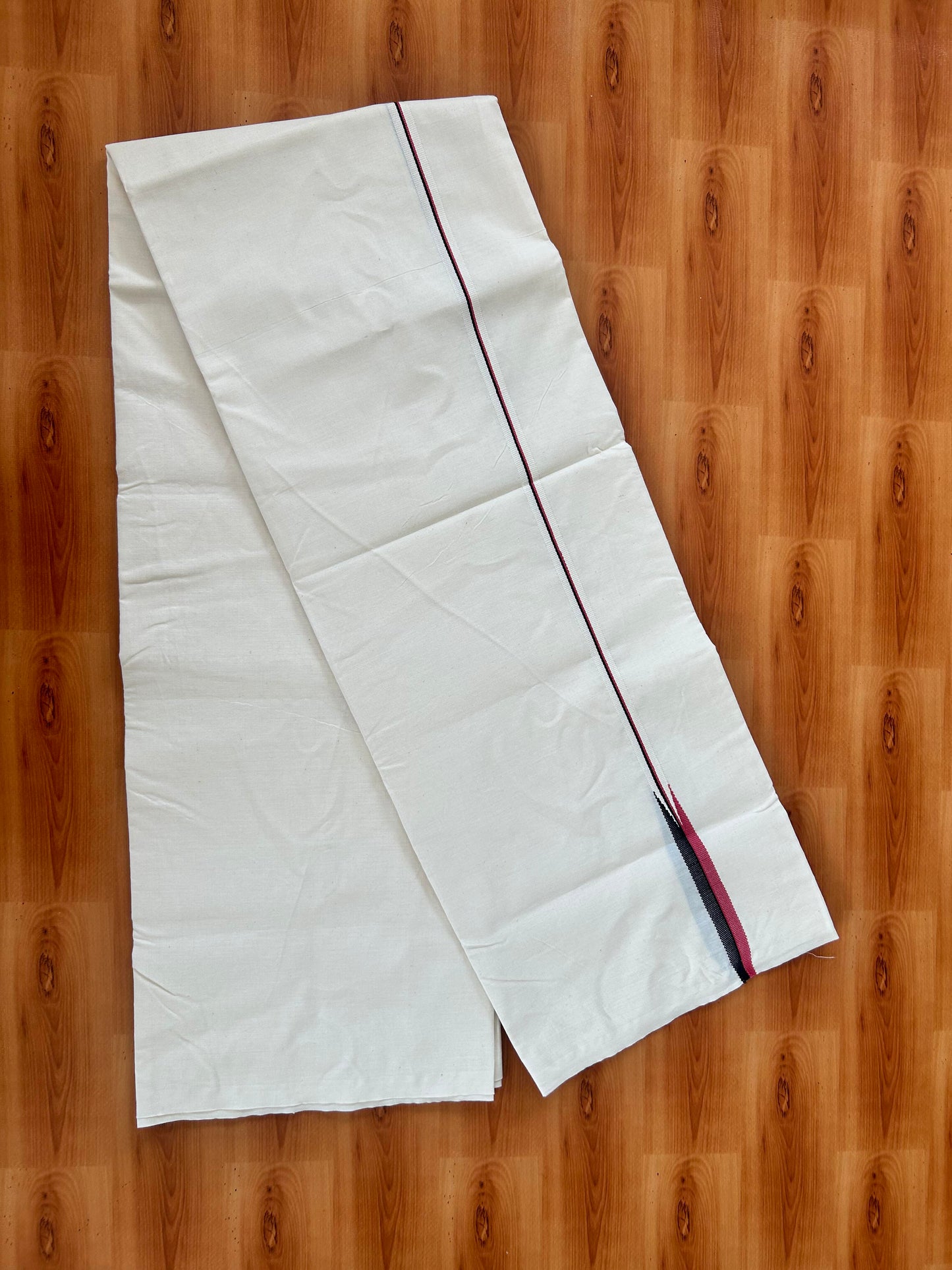 Single Mundu/Dhoti - Off White (Unbleached) 20% Discount !! KaithariKada Balaramapuram 100% Cotton Twisted 100s Thread - 0.75 inch Puliyilakkara Pink & Black Chutty Kara (2 meter/4 Muzham) - 6 KK5423 ASH