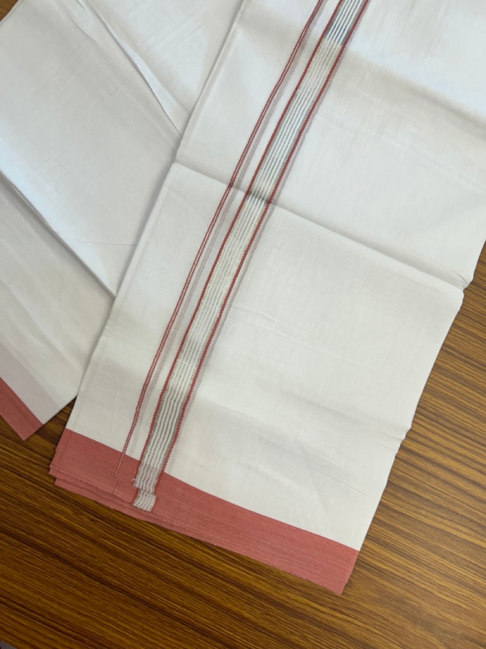 20% Discount ! Kaitharikada Balaramapuram 100% Cotton Pure White Double Mundu/Dothi - 100x80 - 0.75 inch Peach & Silver Kasav Striped Kara 3.90 mtr (8 muzham) - 24 KK5285 VAS