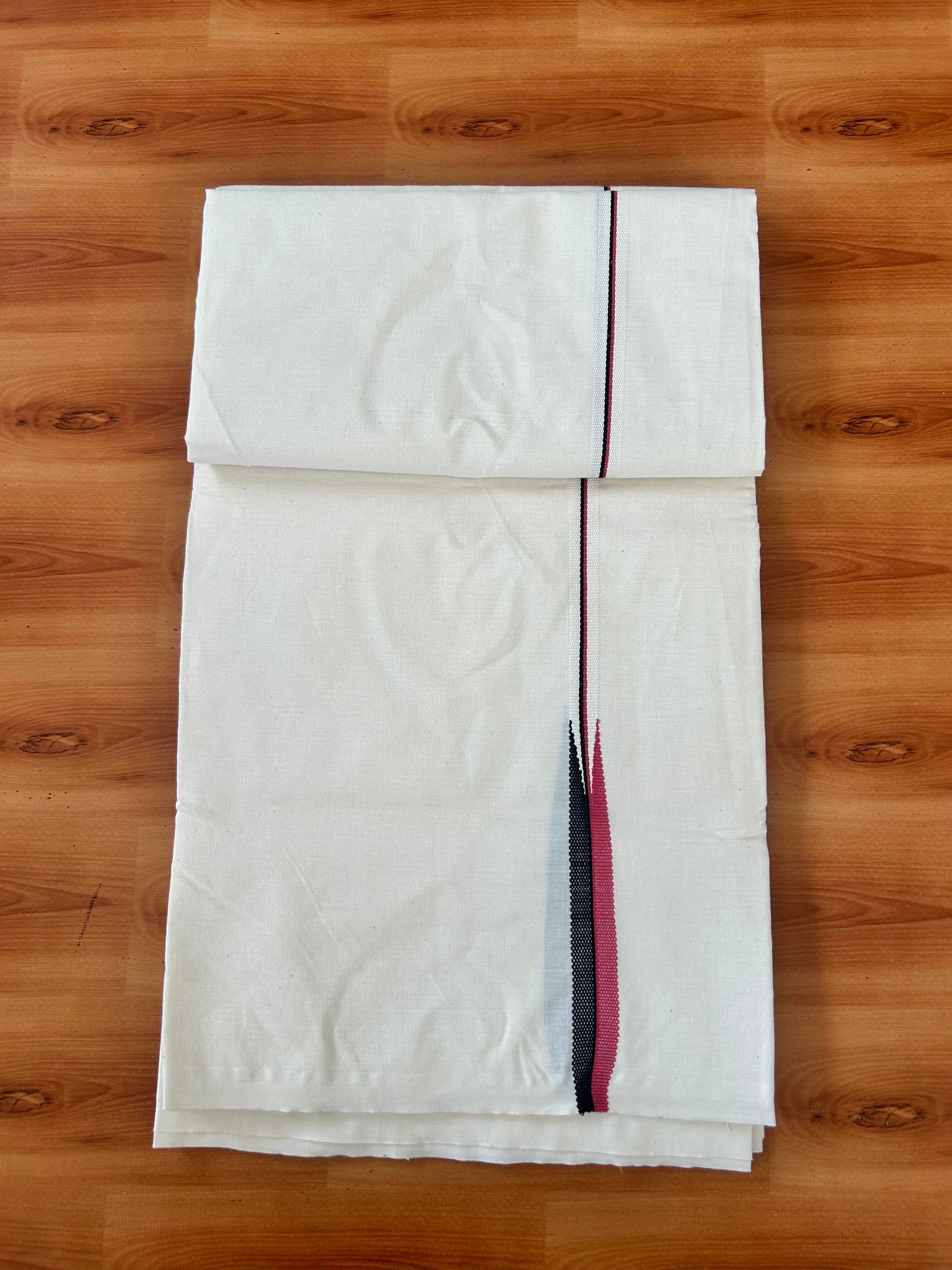 Single Mundu/Dhoti - Off White (Unbleached) 20% Discount !! KaithariKada Balaramapuram 100% Cotton Twisted 100s Thread - 0.75 inch Puliyilakkara Pink & Black Chutty Kara (2 meter/4 Muzham) - 6 KK5423 ASH