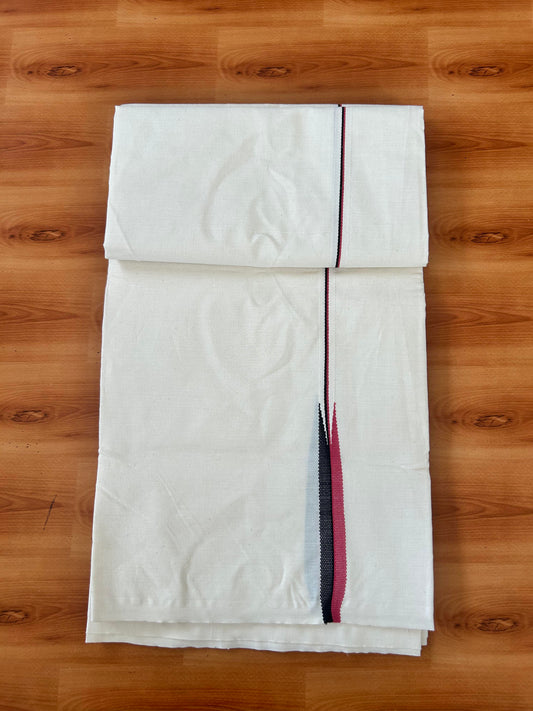 Single Mundu/Dhoti - Off White (Unbleached) 20% Discount !! KaithariKada Balaramapuram 100% Cotton Twisted 100s Thread - 0.75 inch Puliyilakkara Pink & Black Chutty Kara (2 meter/4 Muzham) - 6 KK5423 ASH