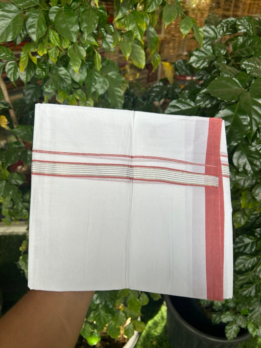 20% Discount ! Kaitharikada Balaramapuram 100% Cotton Pure White Double Mundu/Dothi - 100x80 - 0.75 inch Peach & Silver Kasav Striped Kara 3.90 mtr (8 muzham) - 24 KK5285 VAS