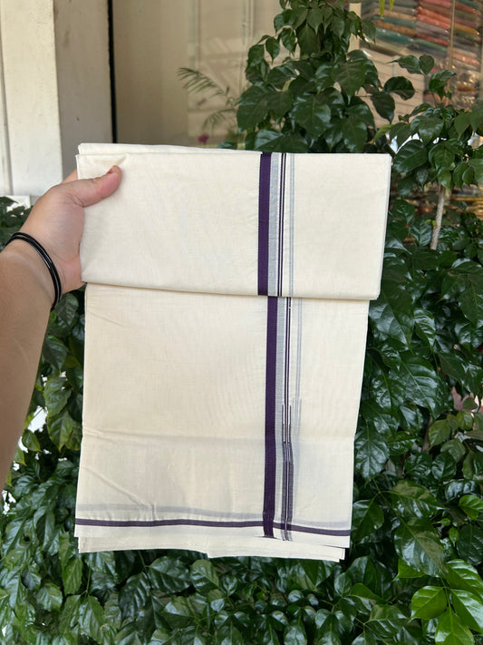 20% Discount !! KaithariKada Balaramapuram 100% Cotton Double Off White - (Unbleached) Mundu/Dhoti- 100X100 - 1 cm Puliyilakkara Deep Violet Chutty Kara (4.25 meter / 9.11 muzham) - 10 KK5373 ASH